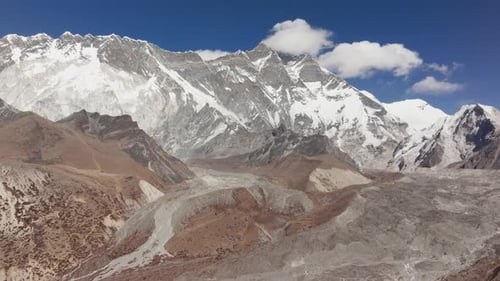 Aerial View of a Majestic Mountain Range in Nepal Featuring Snowcapped Peaks and a Glacial Valley