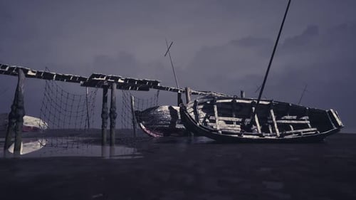 Desolate Scene of Abandoned Boats and Wooden Pier