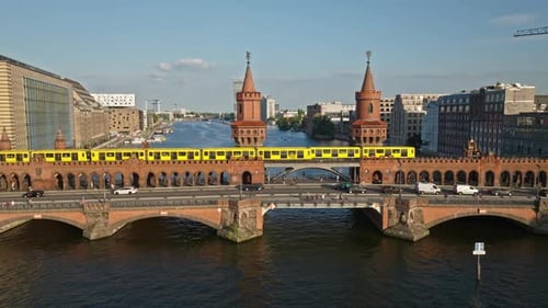 Aerial view of train crossing The Oberbaum Bridge , Berlin , Germany
