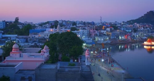 View of Famous Indian Hinduism Pilgrimage Town Sacred Holy City Pushkar with Ghats Rajasthan India
