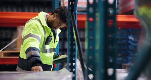 Logistics, man or inspection with tablet in warehouse for quality control