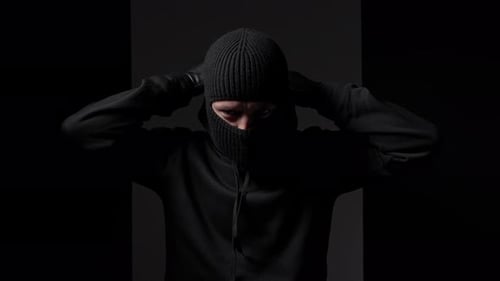 Mysterious Figure Adjusting Hood and Mask in Dark