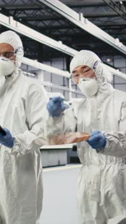 Vertical Video Multiracial Team Examining Semiconductor Substrate in Cleanroom