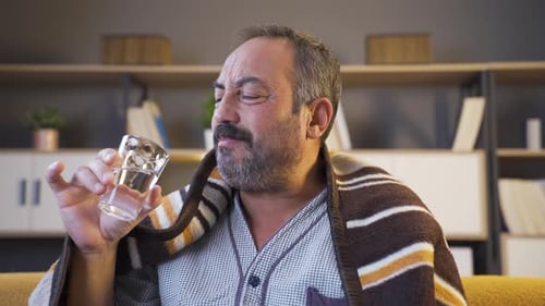 Man Drinks Water to Soothe Sore Throat Indoors