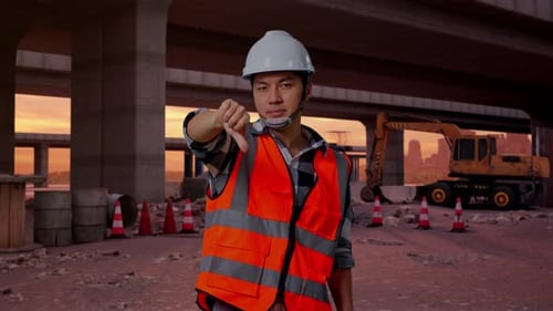Asian Male Engineer Showing Thumbs Down Gesture And Shaking His Head At Building Site