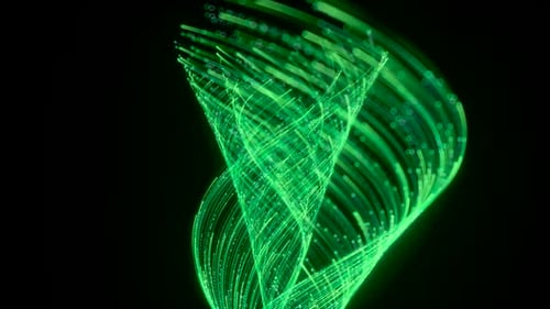 Leuchtender Neonwirbel aus grünen Linien, Lichtern und Partikeln, die sich drehen und sichtbare Spuren hinterlassen.