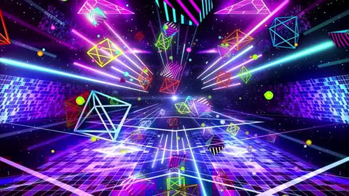 Abstract Neon Grid Tunnel Animation with Flying Shapes