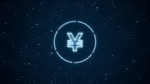 Blue digital money logo and futuristic technotogy circle HUD with circuit board