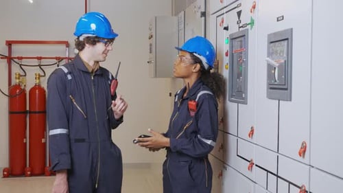 Workers Discuss Operations at Power Plant Control Panel