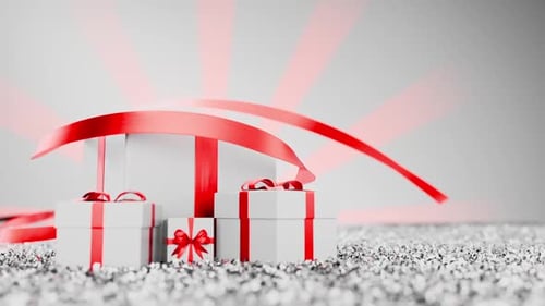 Festive Gift Boxes Animation with Confetti and Flowing Red Ribbon