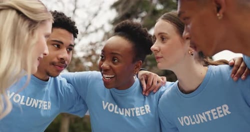 People, volunteer and happy in circle at park for charity, discussion or support with diversity