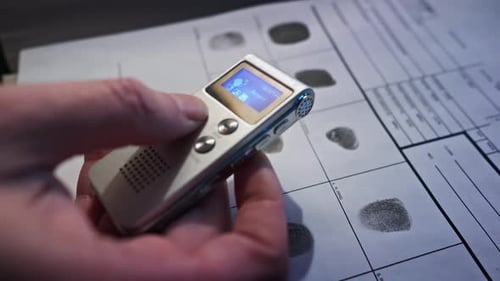 Forensic Technician Records Fingerprint Evidence on digital dictaphone