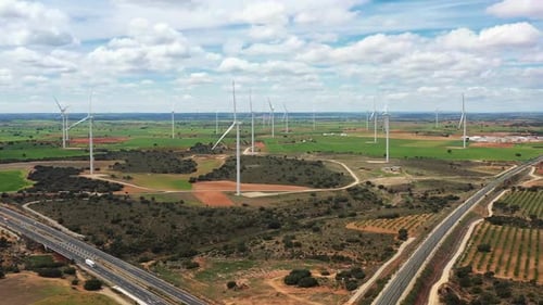 Wind Turbines in Rural Landscape, Aerial View