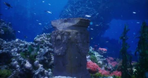 Underwater Ruins with Vibrant Coral Reefs and Marine Life Exploration
