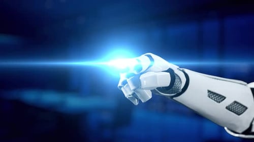 Bras robotique futuriste interagissant avec l'interface virtuelle du système ERP dans un environnement de travail moderne