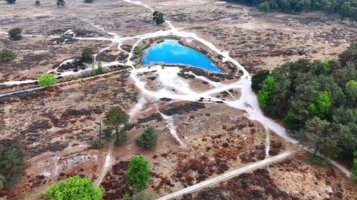 Tranquil blue pond in serene landscape.
