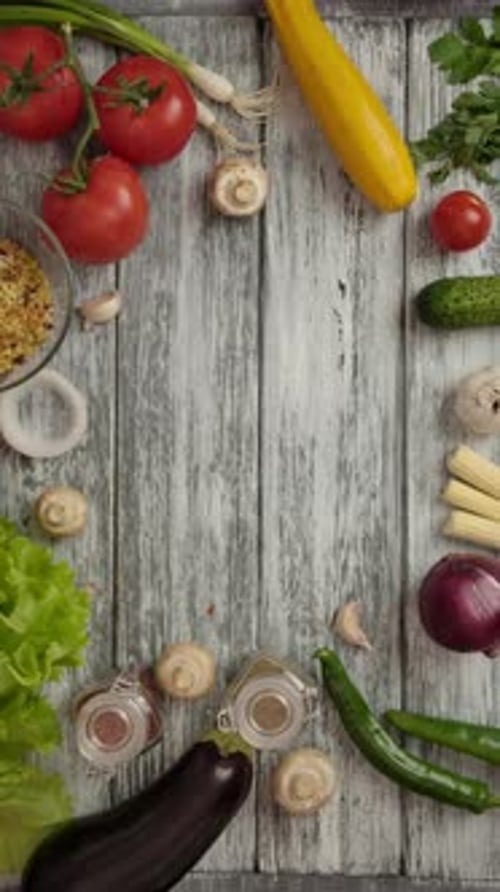 Placa vertical de cocina con ensalada recién hecha sobre la mesa con ingredientes
