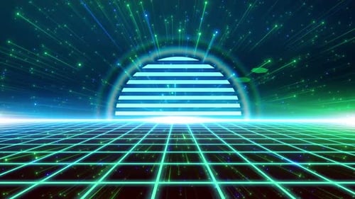 Retro Futuristic Neon Grid Background with Glowing Sun and Starfield