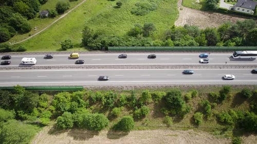 Rich Greenery And Moving Traffic In The Highway Of Gdynia, Poland. Aerial