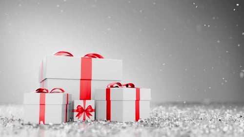 Festive White Gift Boxes with Red Ribbons and Falling Confetti