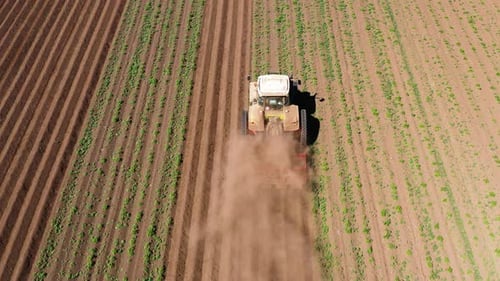 Landmaschinen im Kartoffelfeld kultivieren das Land