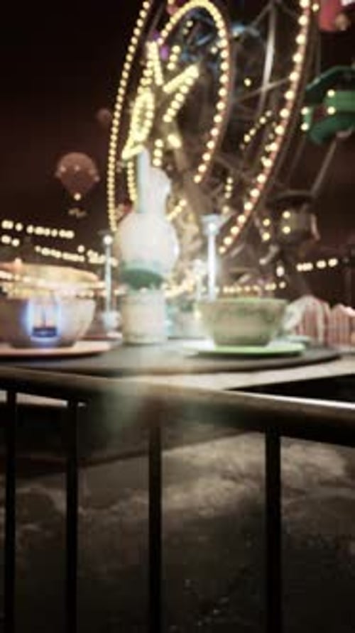 Glowing Ferris Wheel and Teacups at Night Amusement Park
