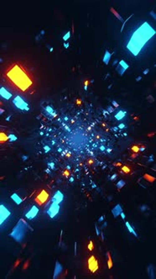 Futuristic Digital Tunnel Flythrough with Neon Cubes