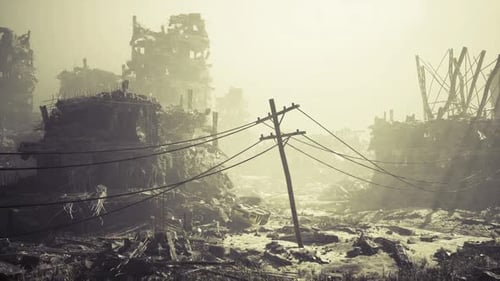 Tranquil Cityscape Showing Ruins and Ongoing Recovery Beneath Fading Golden Sky