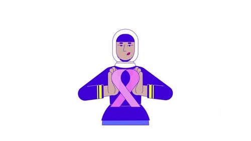 Muslim hijab woman holding pink ribbon awareness 2D character animation