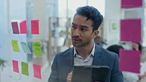 Business man, tablet and thinking at glass for sticky note of agenda, research or target in office