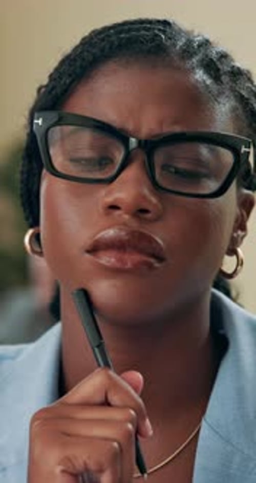 Business, black woman and thinking of solution in office for creative process