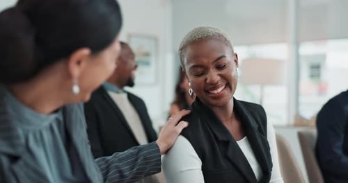 Business woman, laugh and communication in workshop, seminar or discussion in corporate office