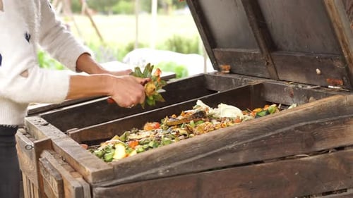 Mujer cortando fruta para hacer abono