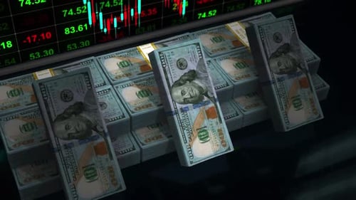 Dollar Bills Stacks Standing Finanzmarkt-Chart-Hintergrund 4K