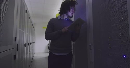 Man Working with Tablet in Server Room