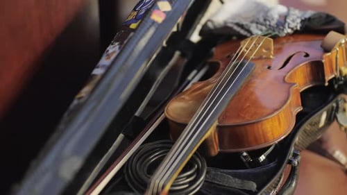 Violin in Case with Bow and Sheet Music