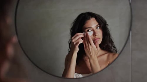 Young Woman Applying Under Eye Patches in front of Mirror