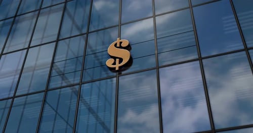 Dollar symbol money and bank glass building concept