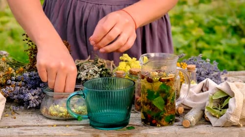 Preparing Herbal Tea with Dried Herbs Outdoors