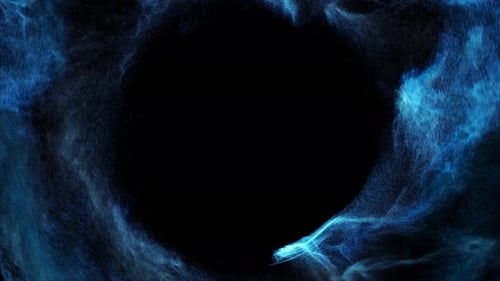 Abstract Luminous blue particles vortex with copyspace in center.