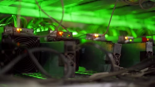 Cryptocurrency Mining Equipment on Large Farm ASIC Miners on Stand Racks Mine Bitcoin in Server Room
