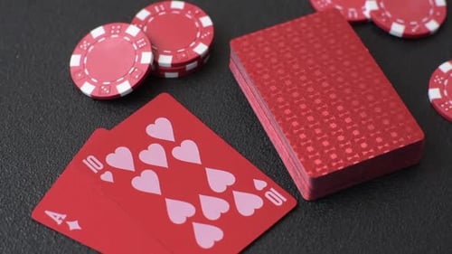 Casino, cards and chips on a colored background, poker and blackjack. Cards and chips