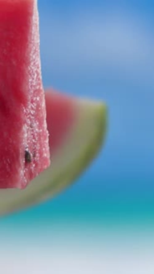 Flying of Watermelon and Slices in Blue Beach Background