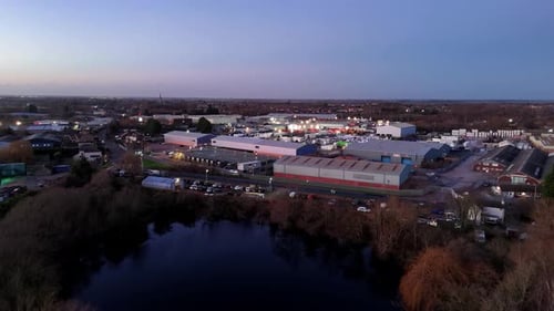 Aerial view of industrial area near water, United Kingdom.
