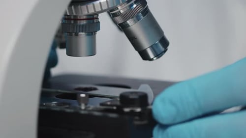 Researcher Putting Slide under Lens of Microscope before Investigation