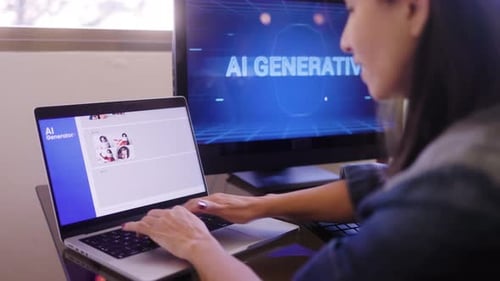 Appli AI Generative. Femme d'affaires créant des images avec une technologie logicielle d'intelligence artificielle