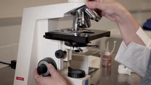 Close up of Scientist Adjusting a Laboratory Microscope