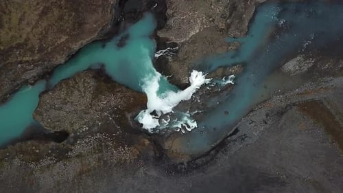 Breathtaking Nature of Iceland, Top View of Glacial Waterfall and Canyon Between Volcanic Hills, Bir