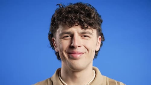 Headshot Friendly Man Smiling Confident Happy Stylish Guy Portrait Blue Studio