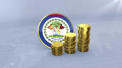 Belize Flag With Plain Gold Coins Tower